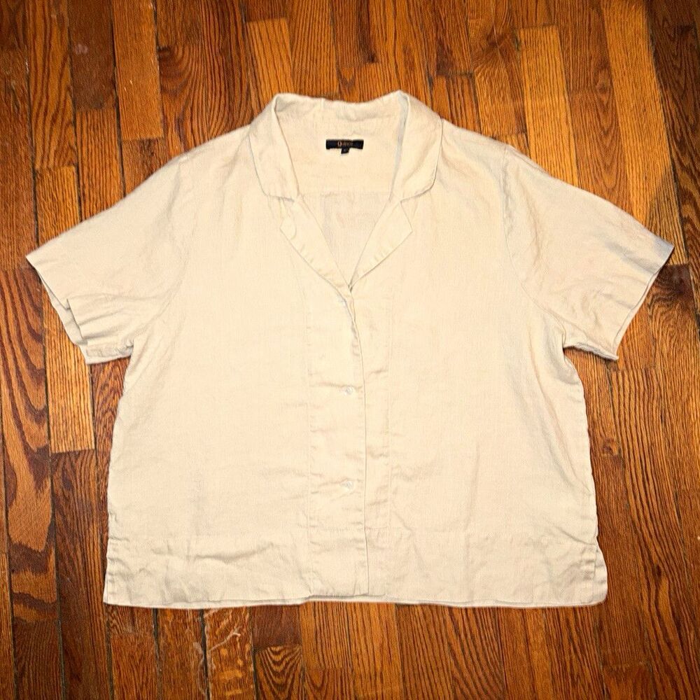 Quince 100% European Linen Short Sleeve Shirt Womens L Natural Beige Boxy Top
